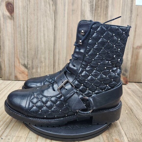 Womens Valentino Garavani Size 8 Eu 38 Leather Quilted Rock Stud Biker Boots - Picture 1 of 13